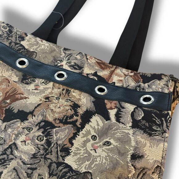Vintage Cat Tapestry Tote Bag Kittens Shoulder Bag Grommet Detail Large New - Picture 3 of 13